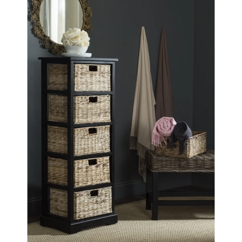 5-Tier Distressed Black Wood Frame Storage Tower with Removable Wicker Baskets for Home Organization - Image 2