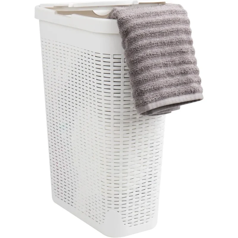Slim White Plastic Wicker-Design Laundry Hamper with Lid for Bathroom Organization (40L) - Image 2
