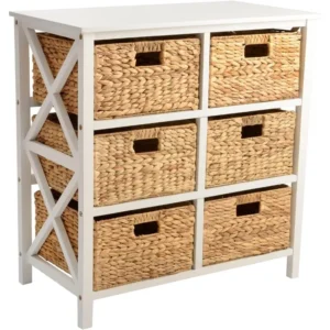 Rustic X-Side Storage Cabinet End Table with 6 Wicker Baskets for Bedroom Organization