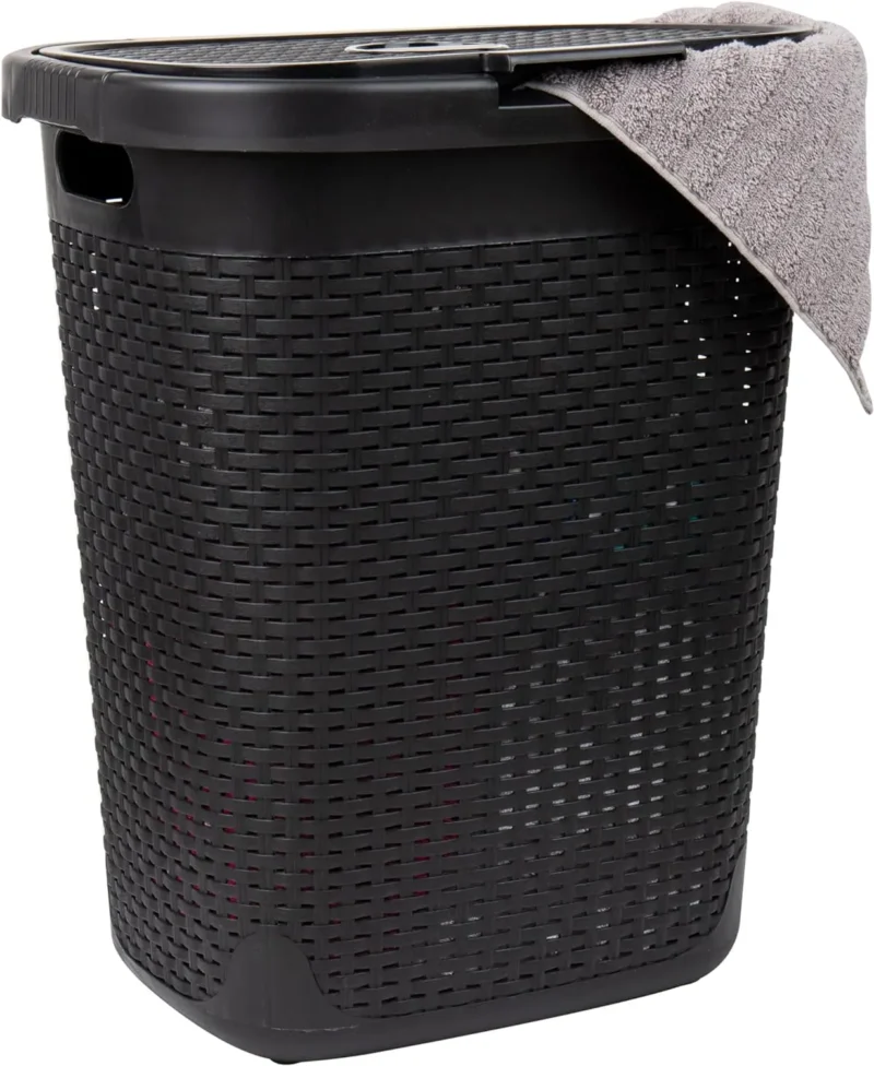 Large Slim Wicker-Design Plastic Laundry Hamper with Lid for Bedroom and Bathroom Storage - Image 8
