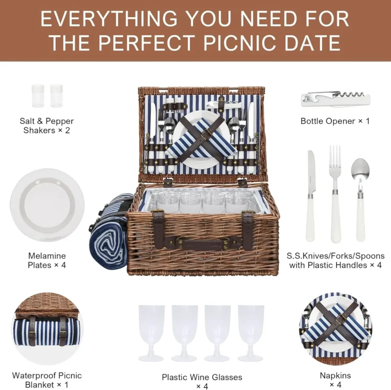 Classic Wicker Picnic Basket with Cooler and Blanket for 4 Persons Family Outdoor Dining - Image 2