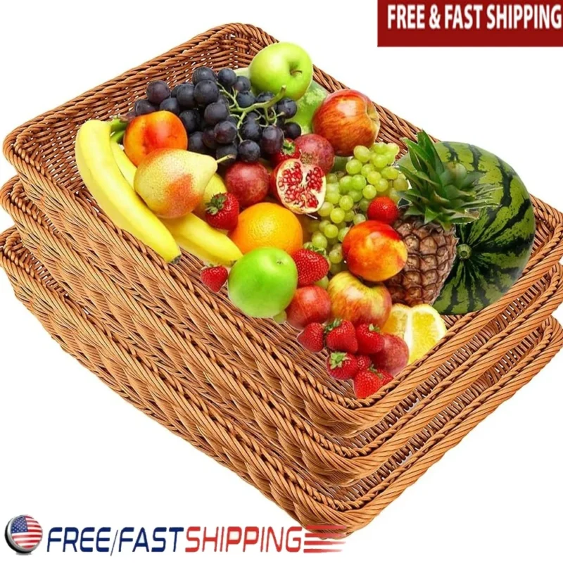 Rectangular Natural Poly-Wicker Bread Baskets Set of 3 with Handles for Food Serving and Kitchen Organization