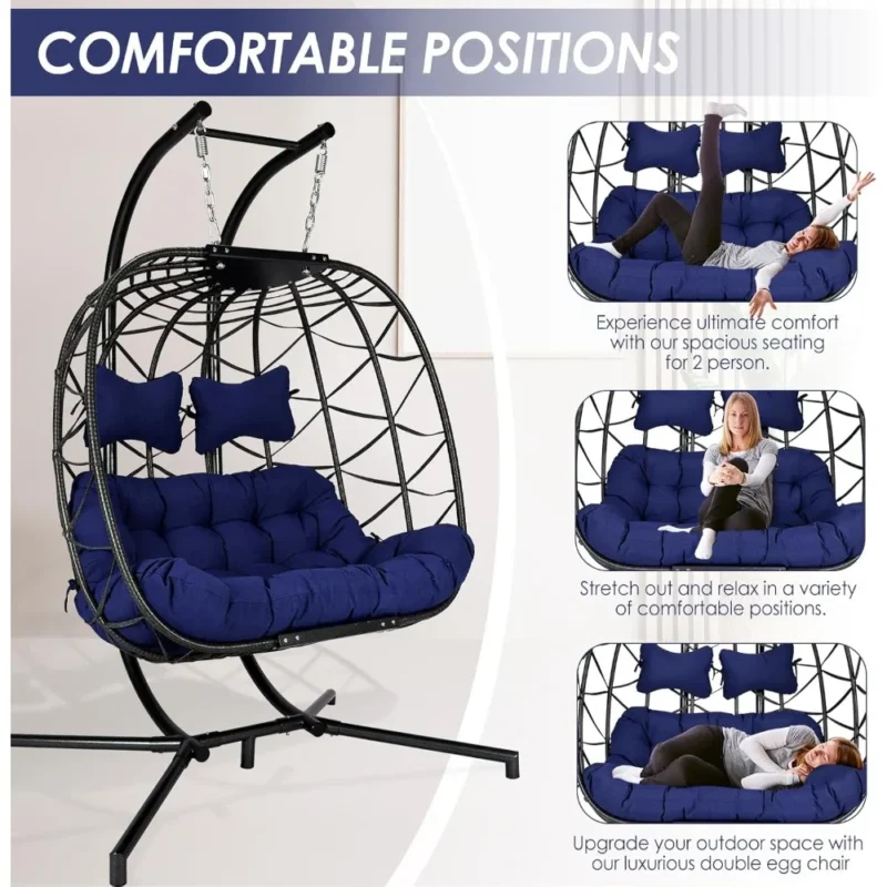 Extra Large Double Hanging Egg Chair with Stand Wicker Patio Swing Basket for Two Adults - Image 3