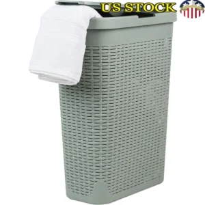 Slim 40L Wicker Laundry Hamper with Lid for Space-Saving Clothes Storage