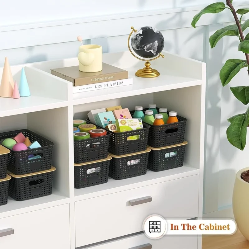 Stackable Woven Storage Baskets with Bamboo Lid for Home Office Kitchen Organization - Image 6