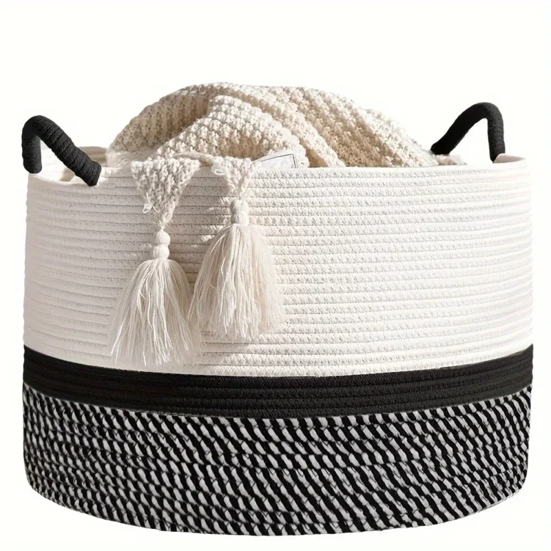 Large Woven Cotton Rope Storage Basket with Handles for Blankets and Laundry Organization - Image 6