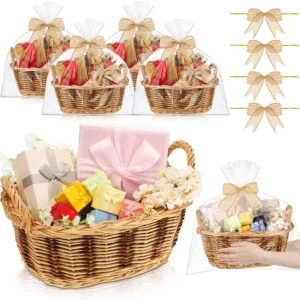Natural Wicker Gift Baskets Set of 4 with Gift Bags Stackable Flower Baskets for DIY Crafts