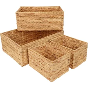 Rectangle Water Hyacinth Storage Baskets Set of 4 with Handles for Home Organization Bedroom Kitchen