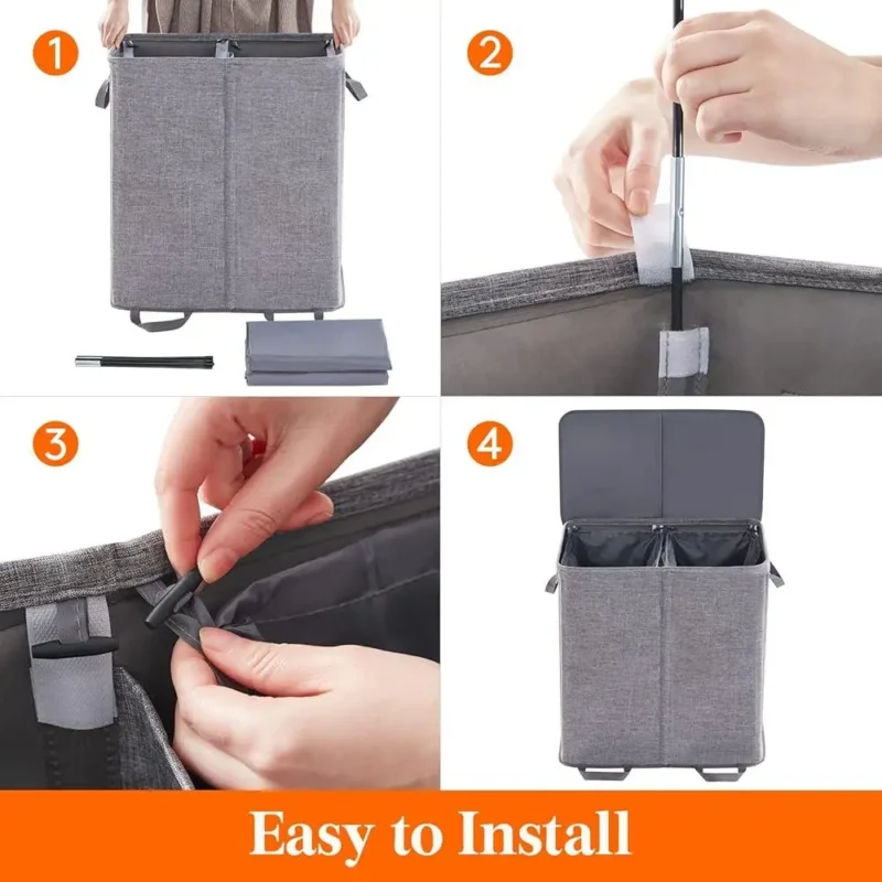 Large Dual-Section Woven Laundry Hamper with Lid and Removable Bags for Bathroom Storage - Image 4