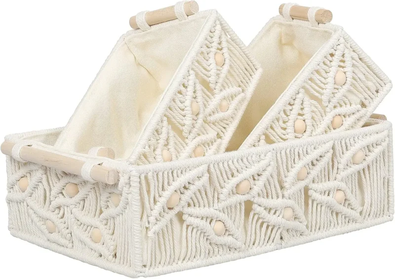 Handcrafted Macrame Storage Baskets with Wood Handles for Home Organization and Boho Decor - Image 10