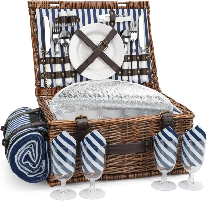 Classic Wicker Picnic Basket with Cooler and Blanket for 4 Persons Family Outdoor Dining