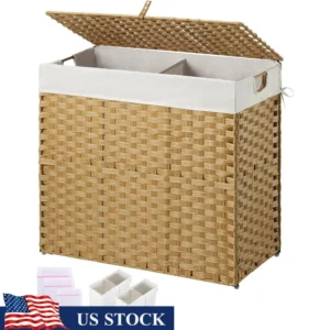 Large Rectangular Wicker Laundry Hamper with Lid and Removable Liners for Bedroom Bathroom Storage
