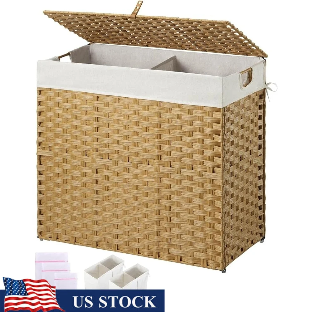 Synthetic wicker laundry hamper with lid showing moisture-resistant design