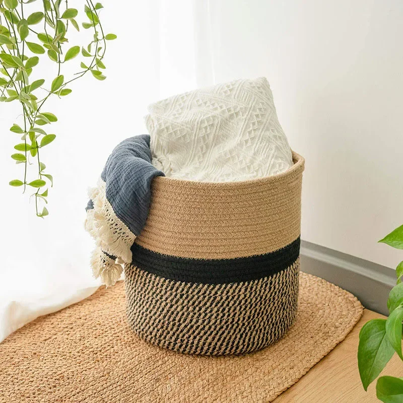Cotton rope storage basket as decorative corner element