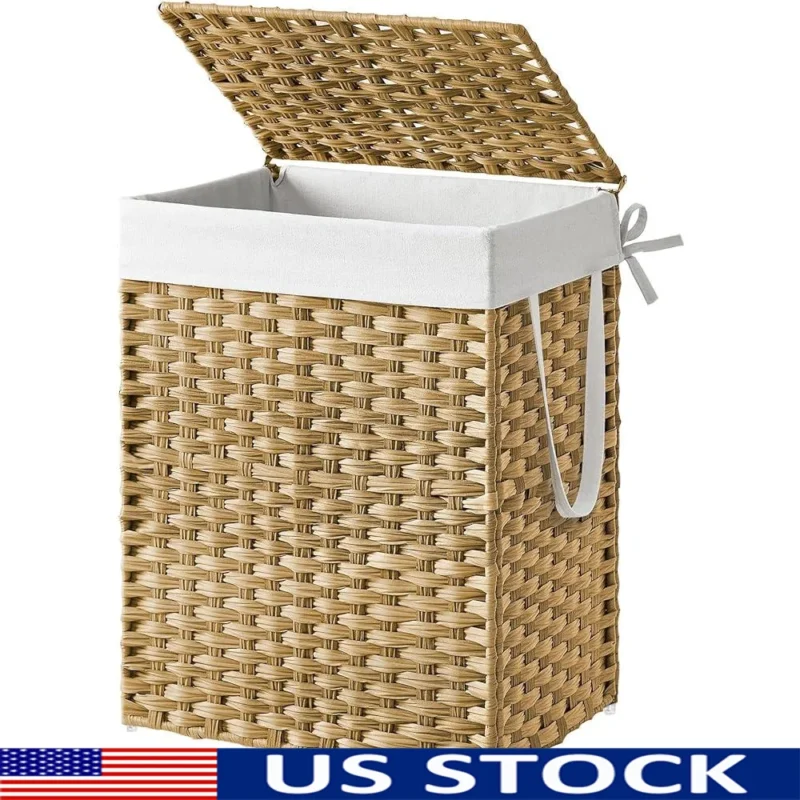 Large Synthetic Rattan Laundry Hamper with Lid and Handles for Modern Home Organization