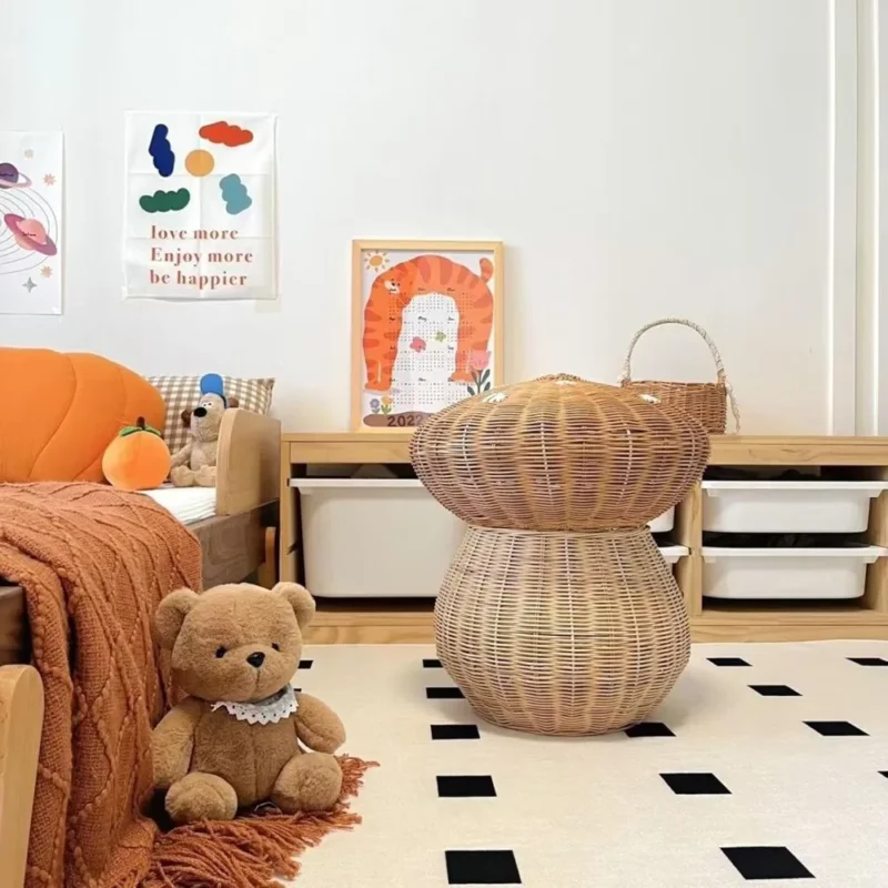 Large Mushroom Rattan Storage Basket with Lid for Laundry Organization and Home Décor - Image 5