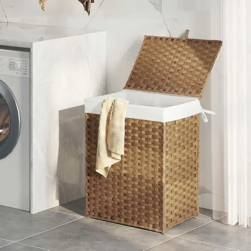 Large Handwoven Synthetic Rattan Laundry Hamper with Lid and Detachable Liner for Bathroom Storage - Image 3