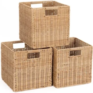 Square Plastic Wicker Storage Baskets Set of 3 with Collapsible Design for Cube Storage Organization