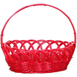 Oval Red Wicker Picnic Basket with Handles for Food Storage and Outdoor Dining