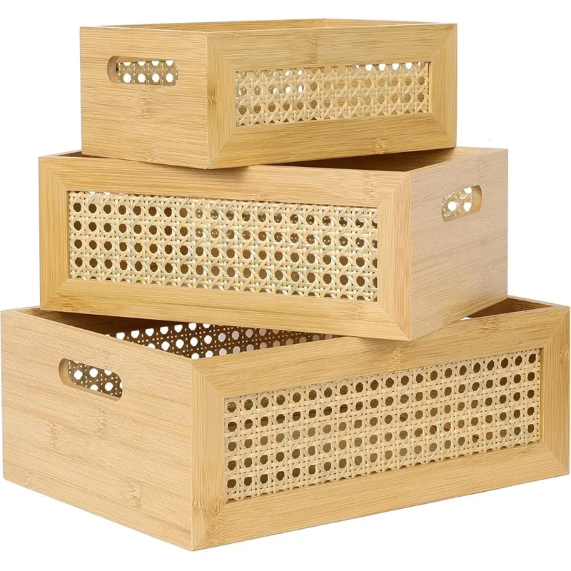Natural Rattan Storage Basket Set with Handles for Home Organization and Decoration - Image 2