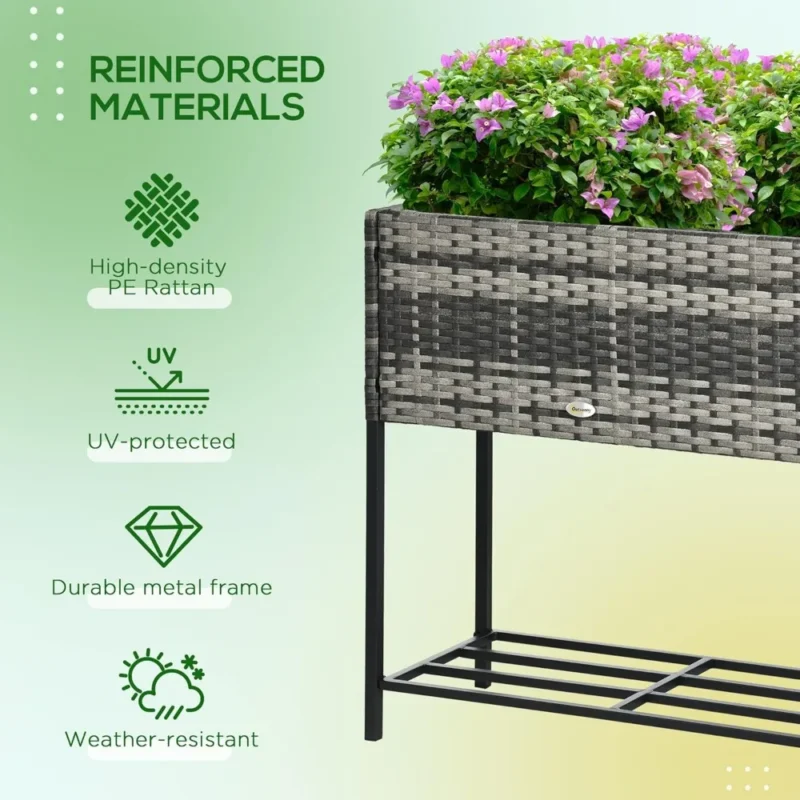Round Gray Rattan Elevated Planter Box with Storage Shelf for Herbs, Vegetables and Flowers - Image 4