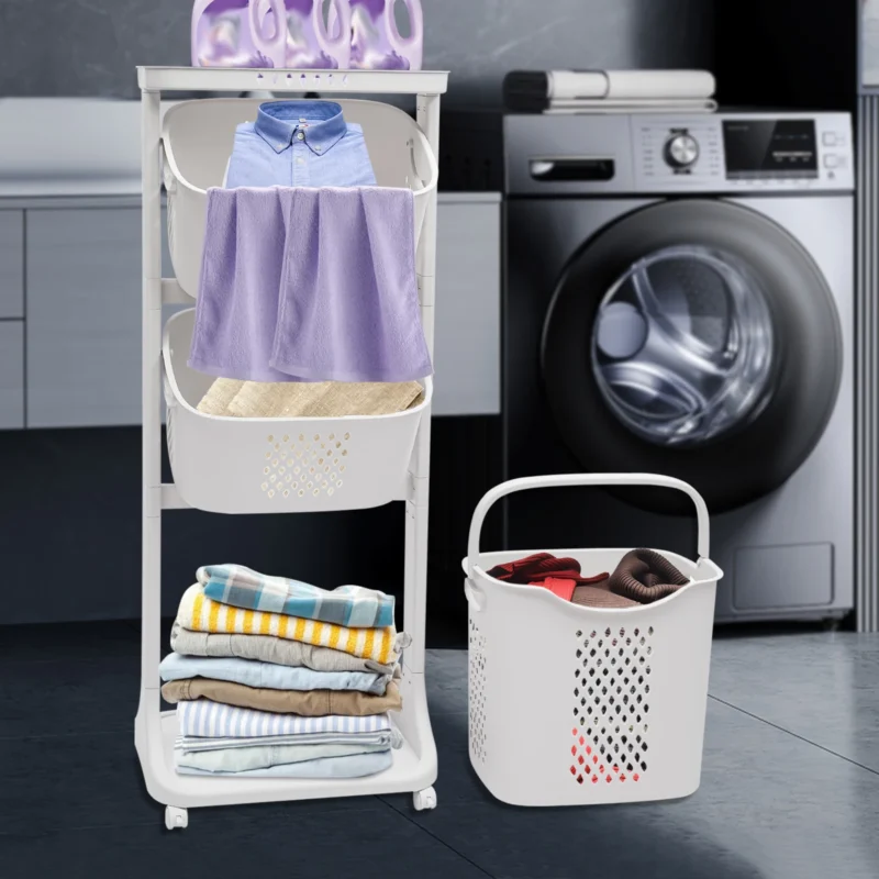 Large White Rolling Wicker Laundry Hamper with Compartments for Bedroom and Dormitory Storage - Image 4