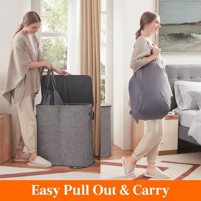 Large Dual-Section Woven Laundry Hamper with Lid and Removable Bags for Bathroom Storage - Image 6
