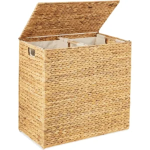 Large Natural Wicker Double Laundry Hamper with Lid and Washable Liner Bags for Bedroom Organization