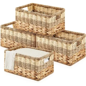 Handcrafted Natural Water Hyacinth Seagrass Storage Baskets with Square Design for Home Organization