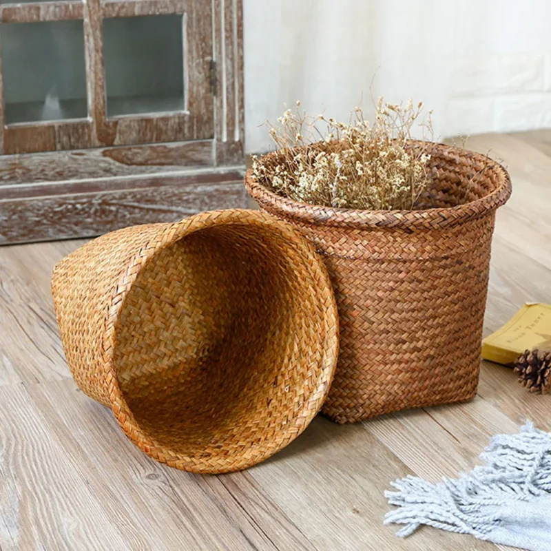 Handwoven Natural Wicker Waste Basket with Seagrass Accents for Bathroom Office Storage - Image 3