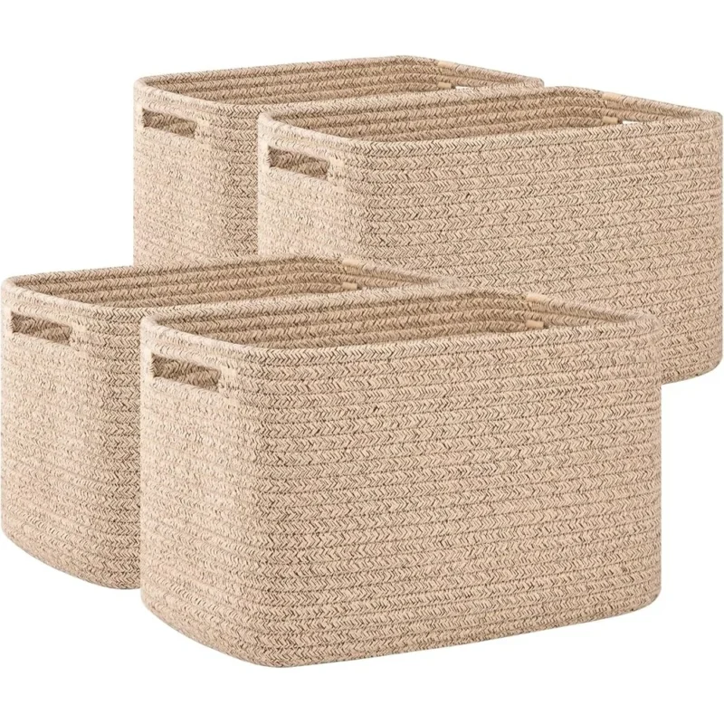 4-Pack Cotton Rope Storage Baskets with Handles for Home Organization Cube Storage Bins - Image 2
