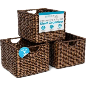 Rectangular Brown Seagrass Woven Storage Basket with Handles for Shelf Organization and Home Storage