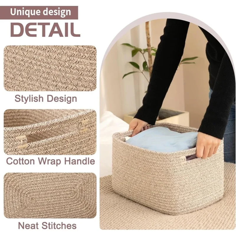 4-Pack Cotton Rope Storage Baskets with Handles for Home Organization Cube Storage Bins - Image 4