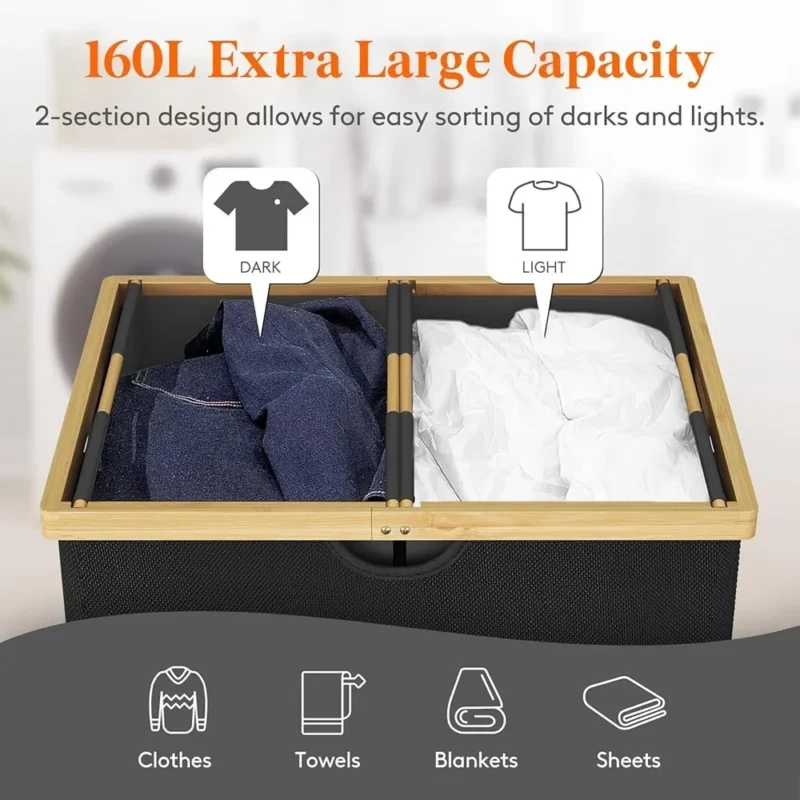 Extra Large Modern Bamboo Laundry Hamper with Lid Double Section Organizer with Handles for Home Storage - Image 4