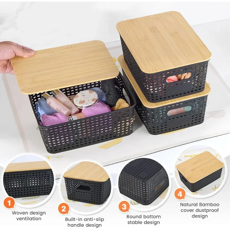 Stackable Woven Storage Baskets with Bamboo Lid for Home Office Kitchen Organization - Image 5