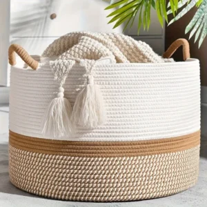 Large Woven Cotton Rope Storage Basket with Handles for Blankets and Laundry Organization