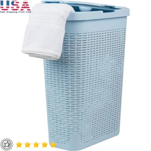 Slim 40L Natural Wicker Laundry Hamper with Lid and Cut-Out Handles for Bathroom Organization