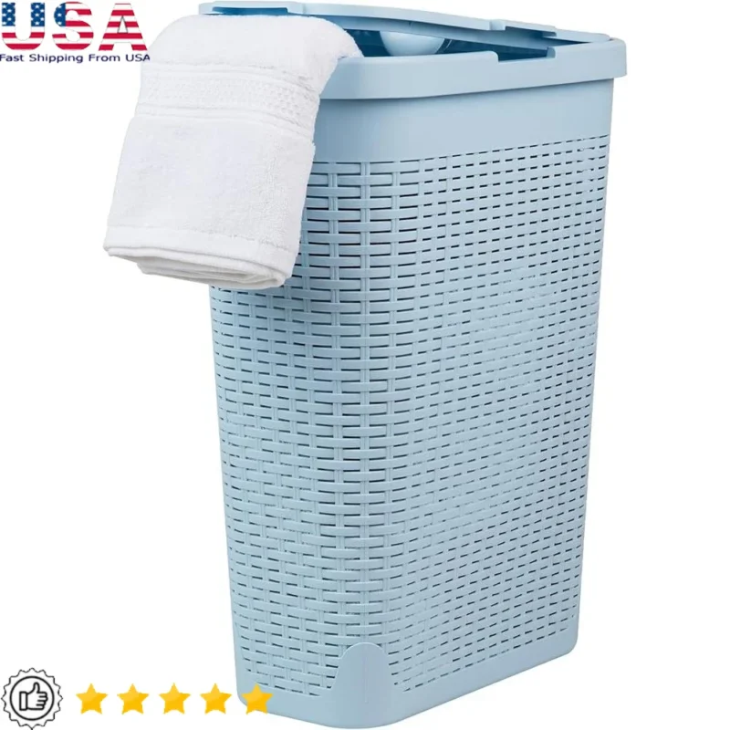 Slim 40L Natural Wicker Laundry Hamper with Lid and Cut-Out Handles for Bathroom Organization