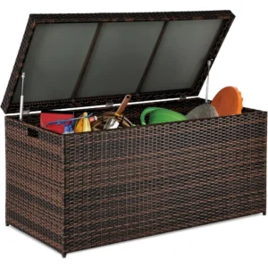 Large Brown Wicker Storage Bench with 132 Gallon Capacity for Patio and Indoor Organization