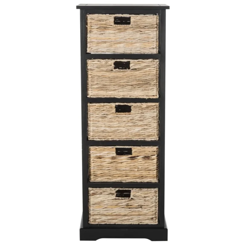 5-Tier Distressed Black Wood Frame Storage Tower with Removable Wicker Baskets for Home Organization - Image 4