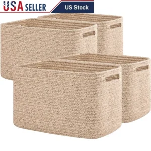 4-Pack Cotton Rope Storage Baskets with Handles for Home Organization Cube Storage Bins