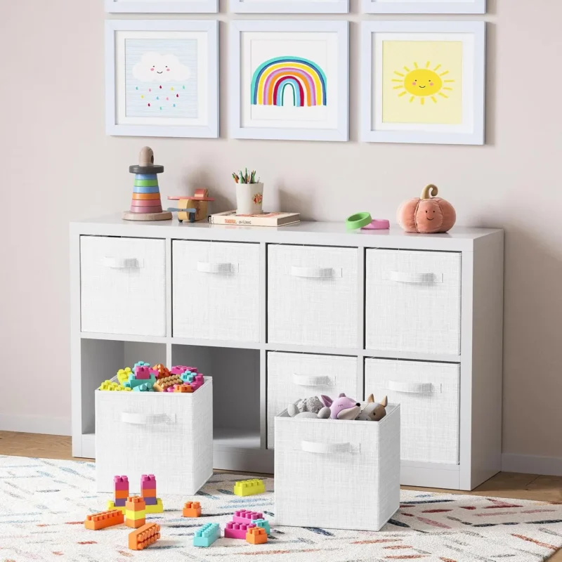 Premium Fabric Storage Cubes 8-Pack White-Grey Collapsible Bins with Handles for Cube Organizer Shelves - Image 5