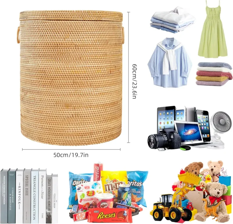 Large Round Rattan Laundry Basket With Liner Bag and Handle for Bathroom Organization - Image 4