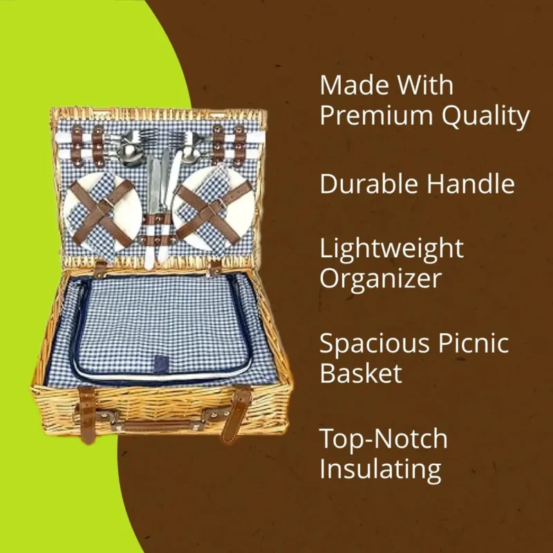 Insulated Wicker Picnic Basket with Handles and Complete Dinnerware Set for Outdoor Dining - Image 5