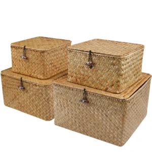 Handcrafted Seagrass Storage Basket Set with Lids for Home Organization and Shelf Storage