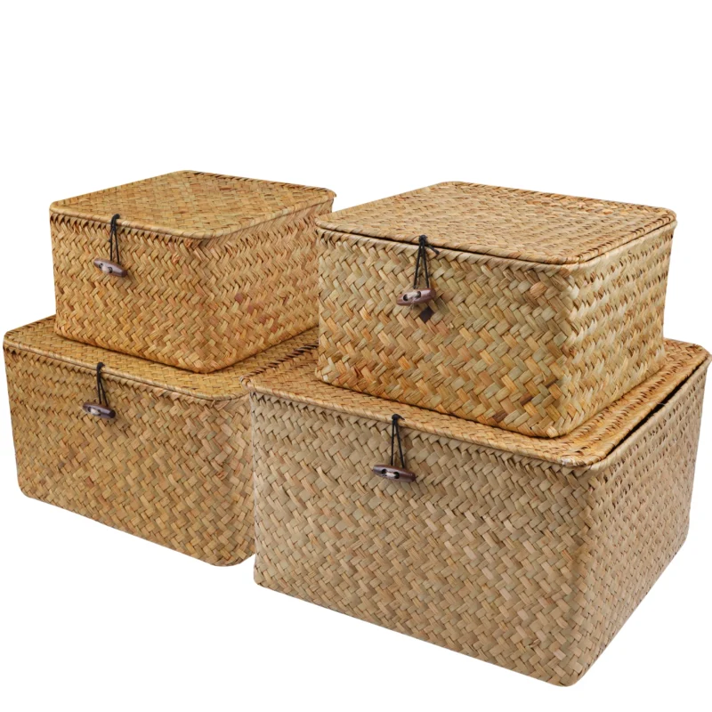 Handcrafted Seagrass Storage Basket Set with Lids for Home Organization and Shelf Storage