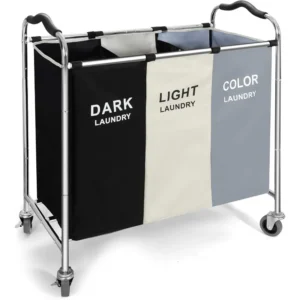 Extra Large Wheeled Laundry Hamper with Triple Sorting Compartments for Bedroom and Dorm Organization