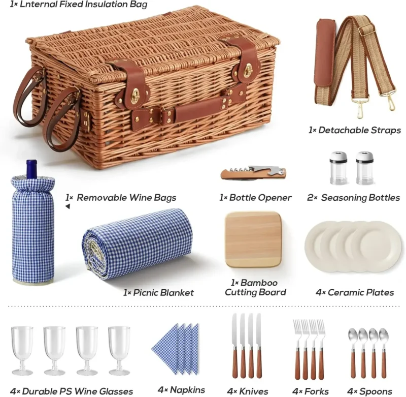 Deluxe Wicker Picnic Basket Set with Cooler Compartment, Blanket and Cutlery for 4 Person Outdoor Dining - Image 4