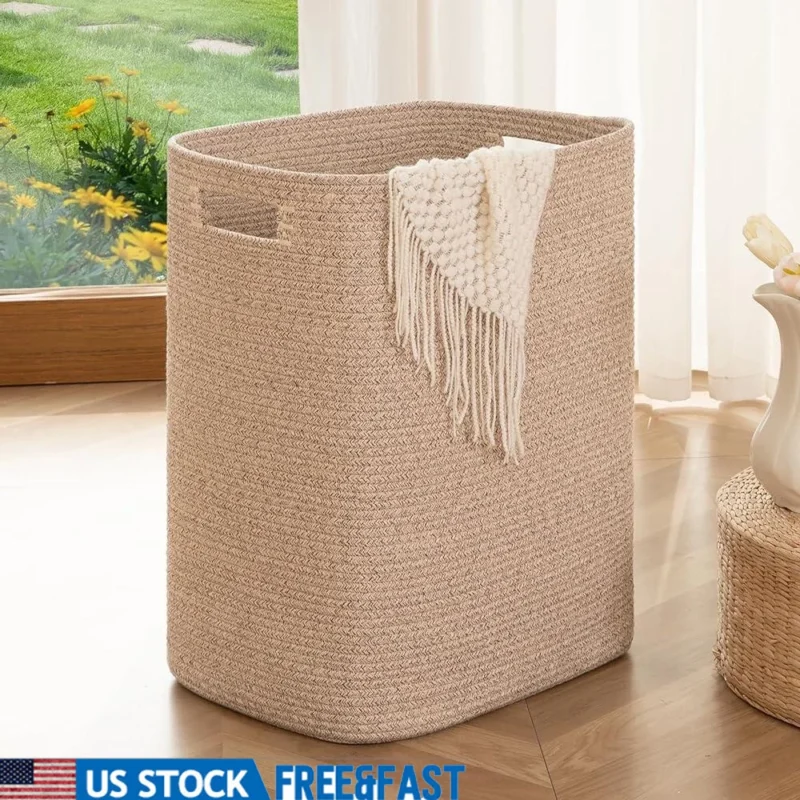 Large Rectangular Cotton Laundry Hamper with Handles for Clothes and Toy Storage