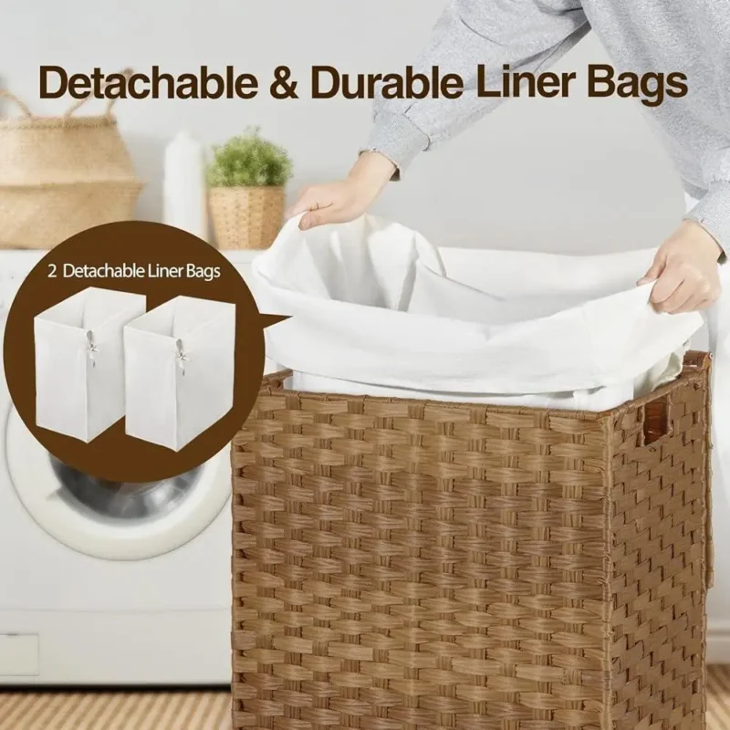 Large Handwoven Synthetic Rattan Laundry Hamper with Lid and Detachable Liner for Bathroom Storage - Image 4